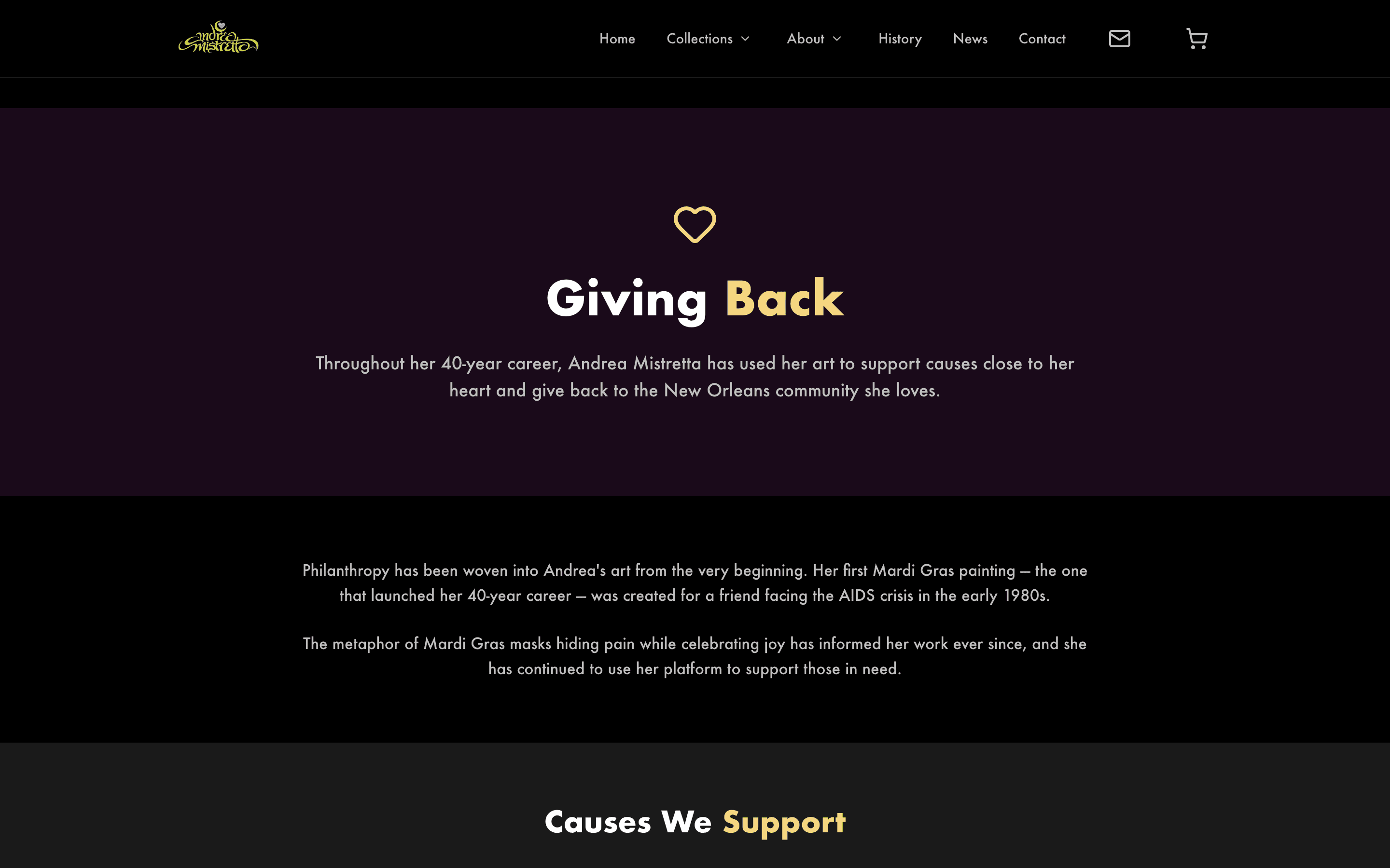 Philanthropy page showcasing Andrea's charitable work