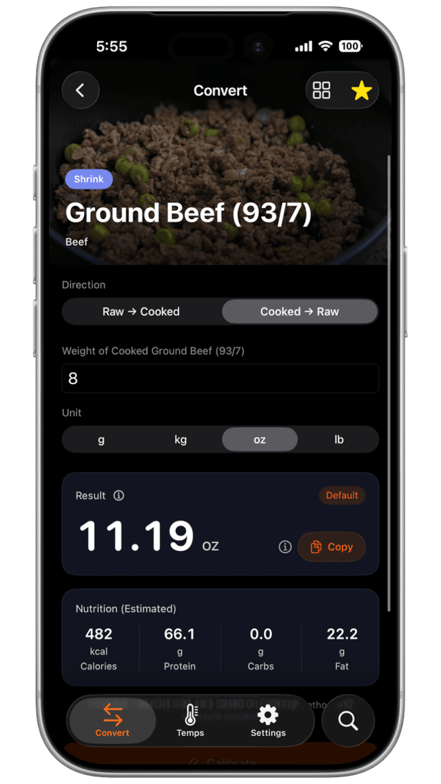 SizzleScale conversion calculator interface