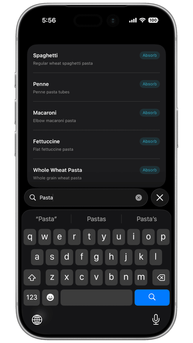 SizzleScale food search interface